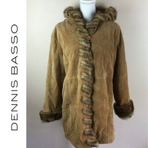 Dennis Basso Large Tan Leather Coat Hooded